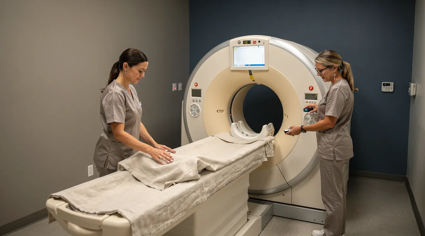 Two imaging technicians prepare an empty scanner couch in a bright room