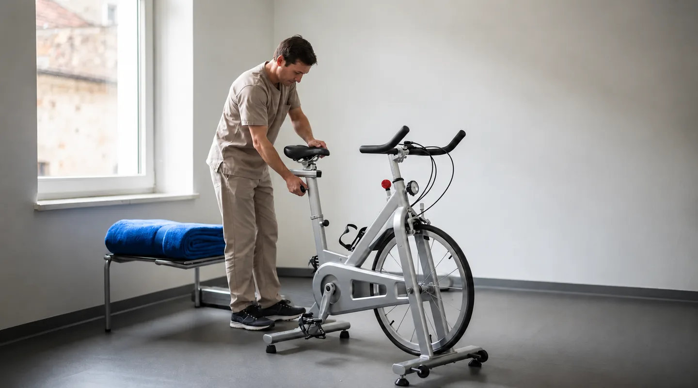 A technician adjusts the saddle of a stationary exercise bicycle