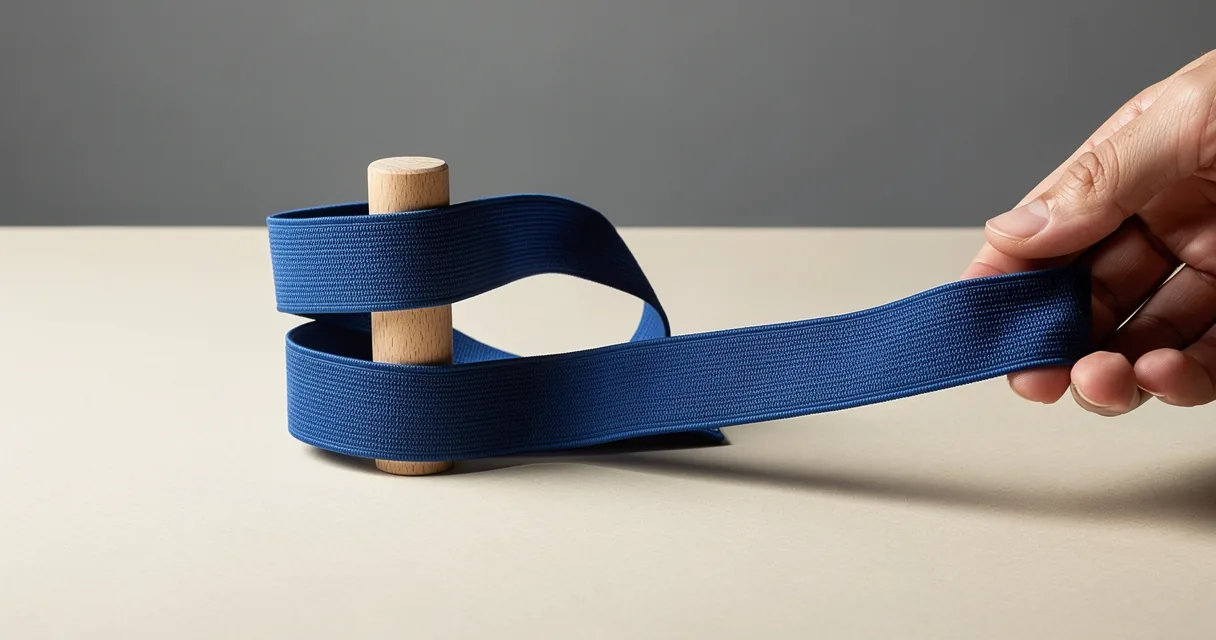 A hand releases a cobalt elastic band beside a wooden peg